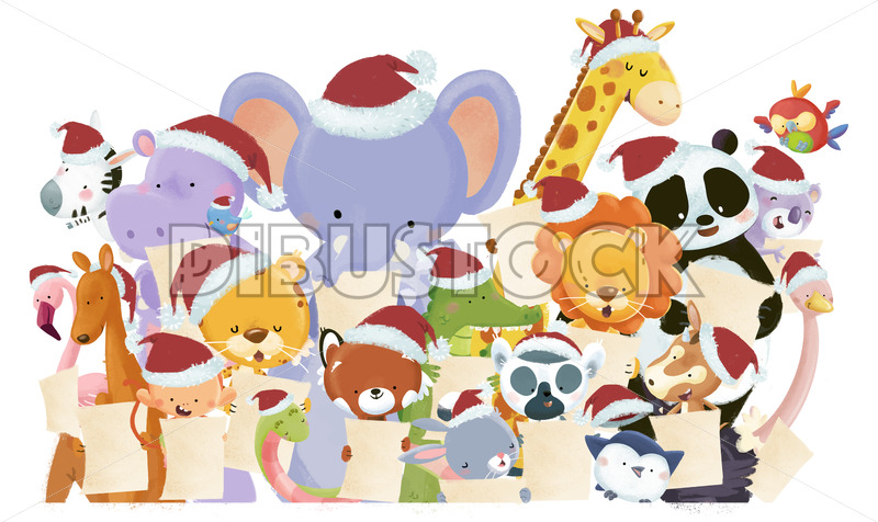 Animals singing at christmas with white background