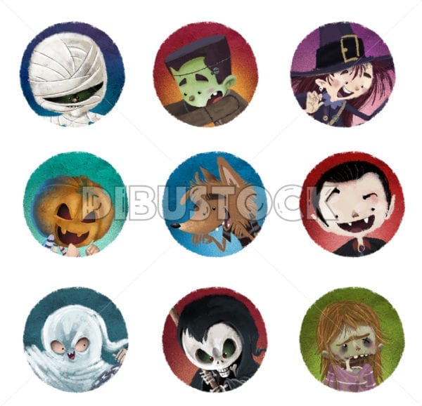 monstruos de halloween en circulos