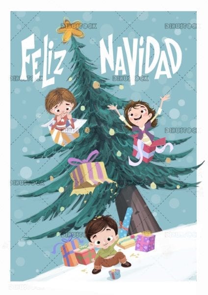 Niños con árbol de navidad y bebé saliendo de un regalo - Dibustock