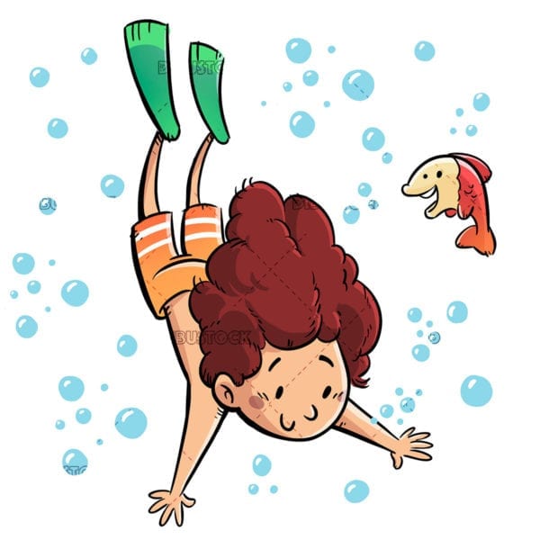 Kid diving surrounded by bubbles