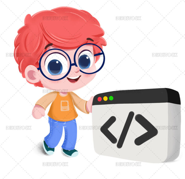 Child learning to program with a programming symbol
