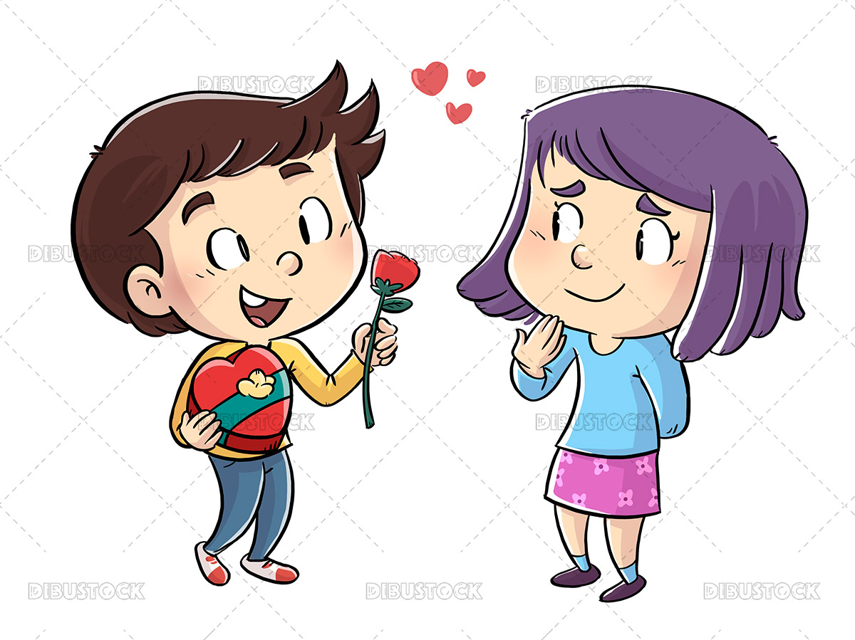 Illustration of a boy in love giving a flower to a little girl ...